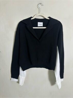 (nude) Black V‑Neck Collared Knit Sweater with White Shirt Hem sz 38